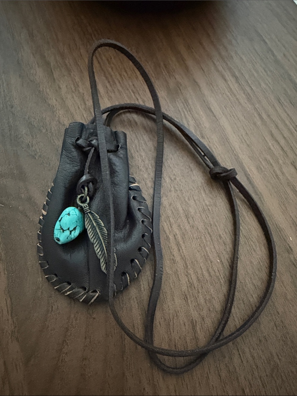 Handmade leather medicine bag with Turquoise Stone and Feather Charm